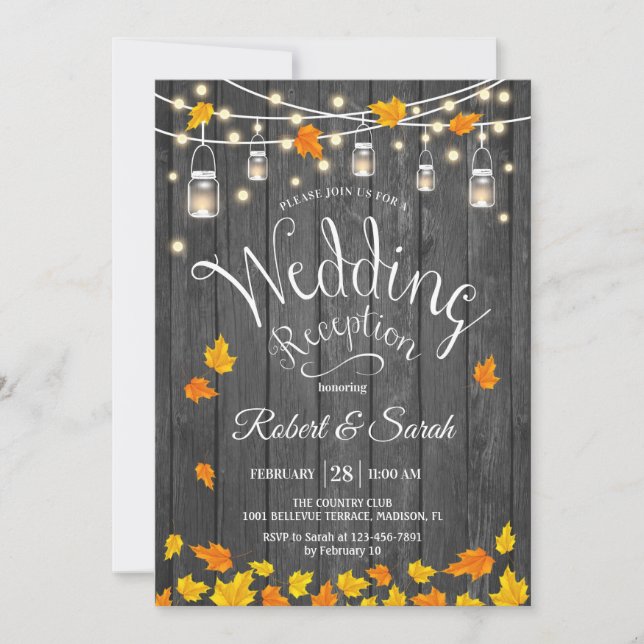 Invitación Recepción de Boda Rústica de Otoño con Luces de Ma (Anverso)