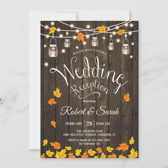 Invitación Recepción de Boda Rústica de Otoño con Luces y Hoj (Anverso)