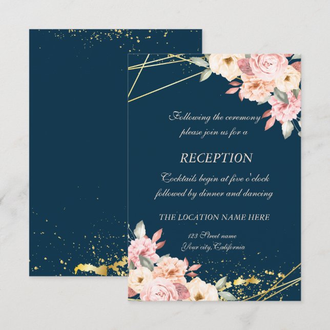 Invitación Recepción de boda rústica floral azul marino dorad (Anverso / Reverso)