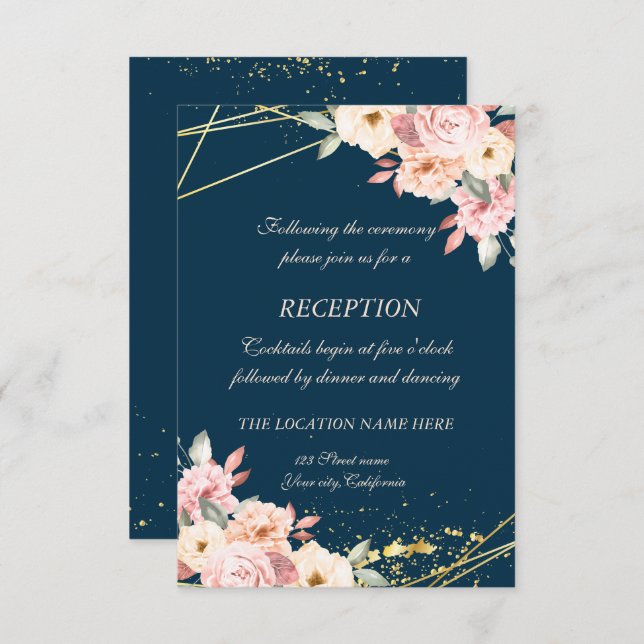 Invitación Recepción de boda rústica floral dorado azul marin (Anverso / Reverso)