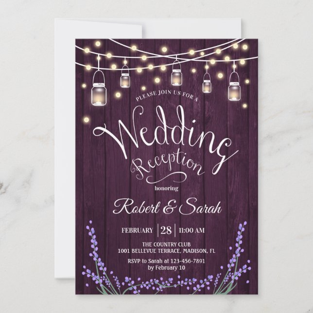 Invitación Recepción de boda rústica - Lavanda de madera púrp (Anverso)