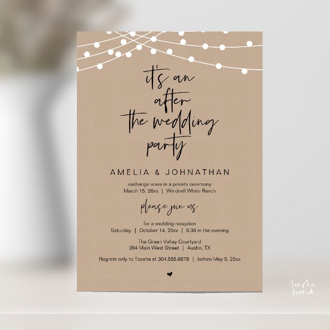 Invitación Recepción de Boda Rústica Moderna Kraft Marrón (Modern Rustic Wedding Reception Brown Kraft, string lights, Invitation card pdf black script)