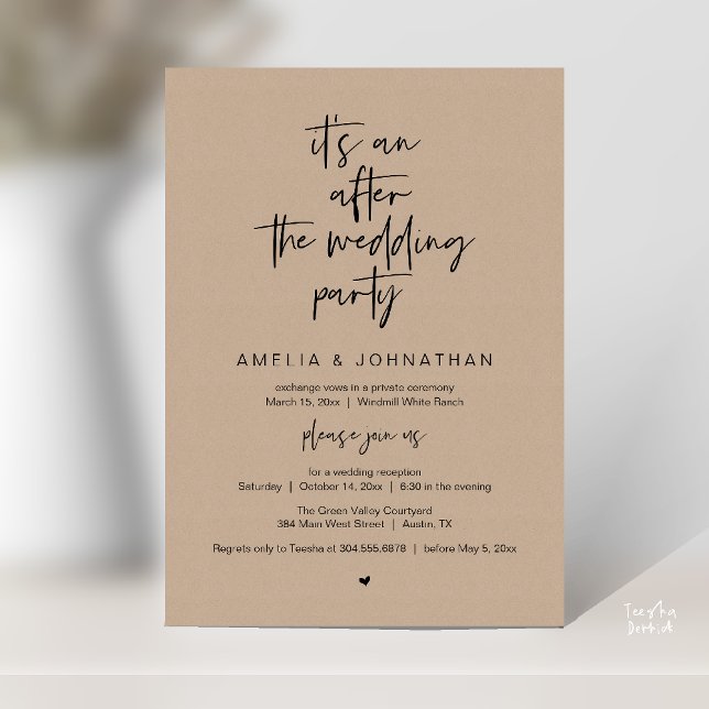 Invitación Recepción de Boda Rústica Moderna Kraft Marrón (Modern Rustic Wedding Reception Brown Kraft Invitation card pdf black script)
