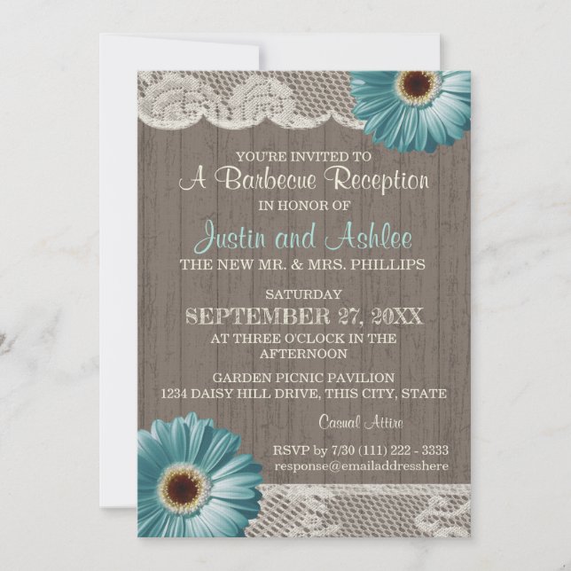 Invitación Recepción de boda rústica Verde azulada de Daisy y (Anverso)