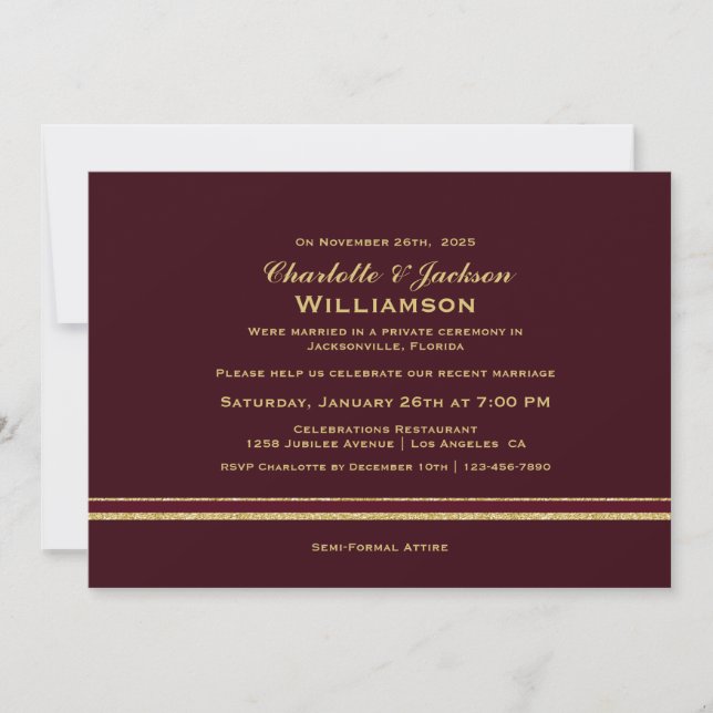 Invitación Recepción de Boda Simple Moderno Burgundy y Oro (Anverso)