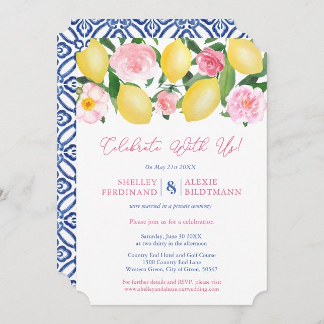 Invitación Recepción de Boda Solo Baldosas Azules Limones de  (Anverso / Reverso)