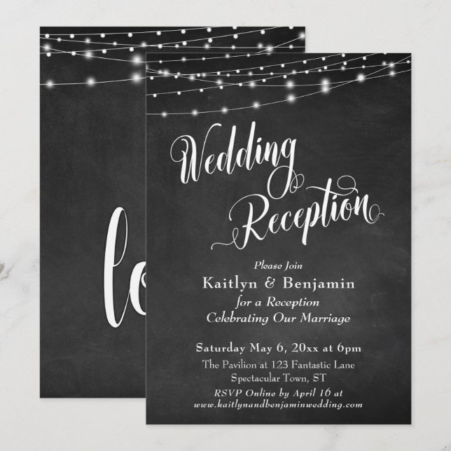 Invitación Recepción de Boda Tipografía Pizarra Luces (Anverso / Reverso)