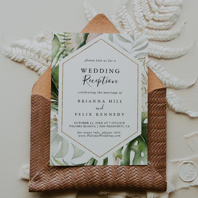 Invitación Recepción de boda tropical con geometría dorada (Subido por el creador)