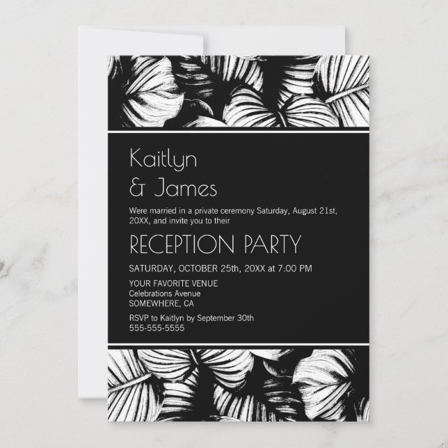 Invitación Recepción de Boda Tropical de Palma en Blanco y Ne (Anverso)