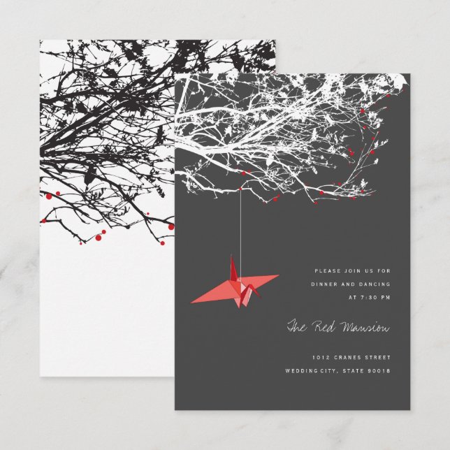 Invitación Recepción de bodas asiáticas con papel rojo colgan (Anverso / Reverso)