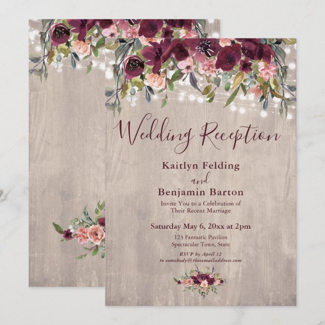 Invitación Recepción de bodas con luces florales de madera rú (Anverso / Reverso)