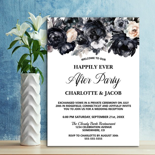 Invitación Recepción de bodas de Elopement floral negro (Subido por el creador)