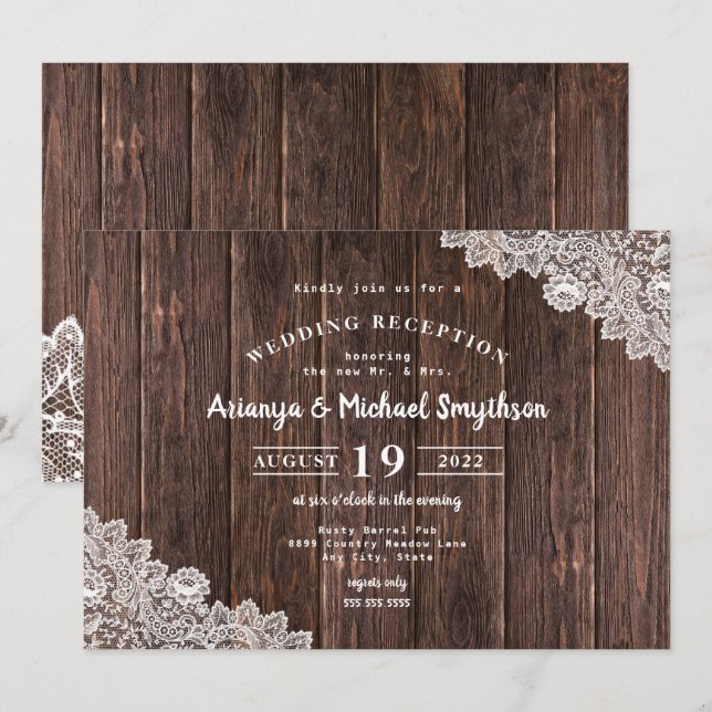 Invitación Recepción de bodas de encaje rústico y madera oscu (Anverso / Reverso)