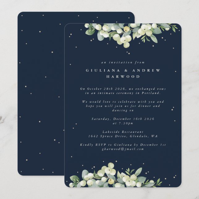 Invitación Recepción de bodas de nevada y eucalipto de la Mar (Anverso / Reverso)