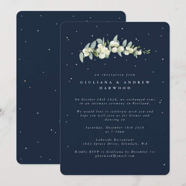 Invitación Recepción de bodas de nevada y eucalipto de la Mar (Anverso / Reverso)
