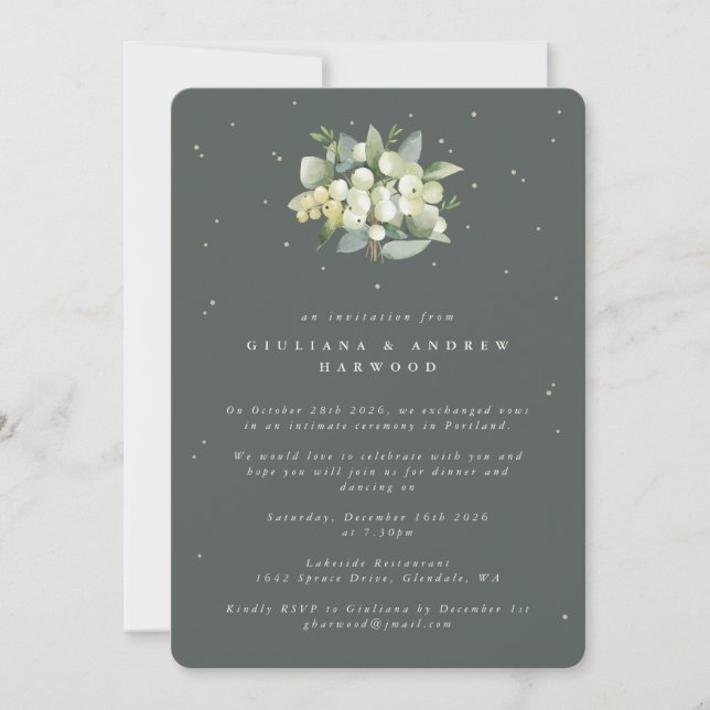 Invitación Recepción de bodas de nieve verde + eucalipto (Anverso)