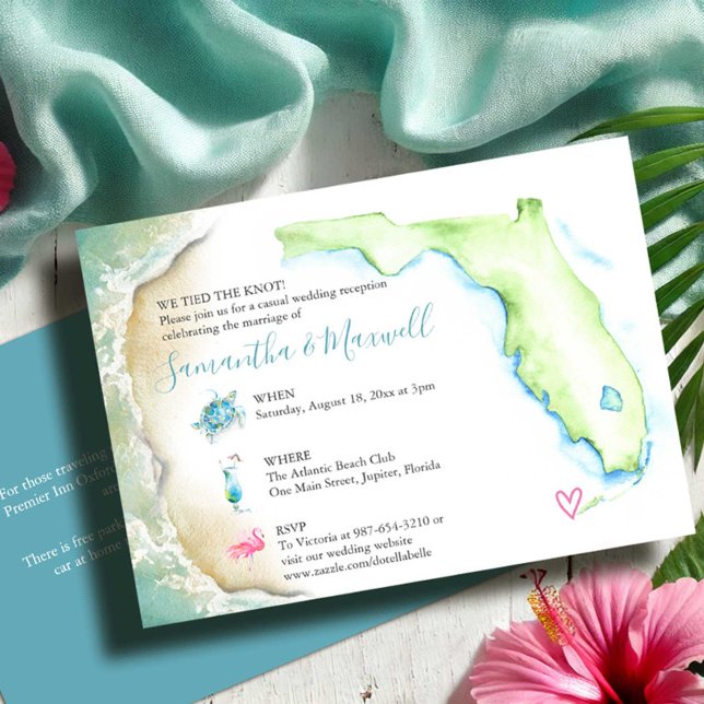 Invitación Recepción de bodas en Florida Beach Ilustrada (Destination wedding reception invitation watercolor Florida map, sea turtle.. Victoria Grigaliunas)