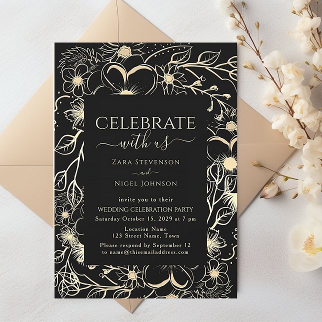 Invitación Recepción de Bodas Florales en Negro y Oro (Subido por el creador)