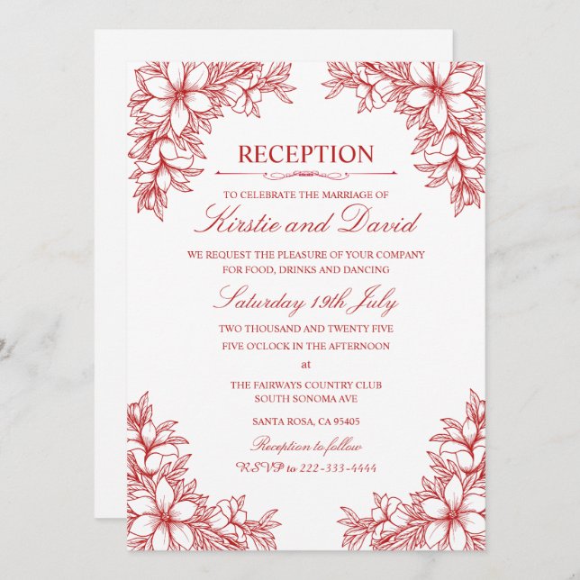 Invitación Recepción de Bodas Florales Ornadas Rojas (Anverso / Reverso)