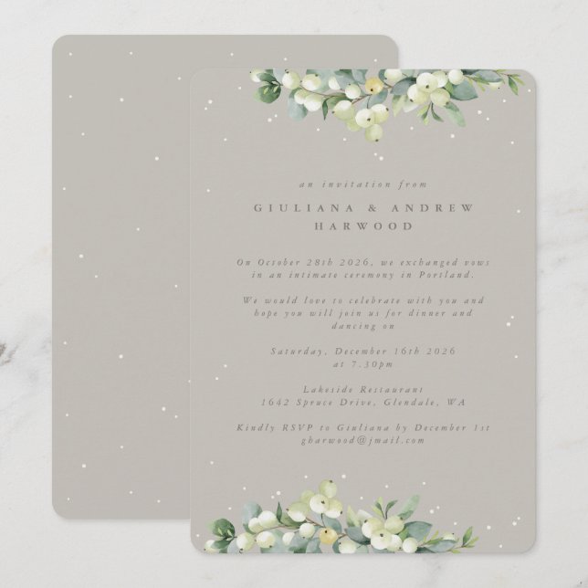 Invitación Recepción de bodas Greige Snowberry+Eucalyptus (Anverso / Reverso)