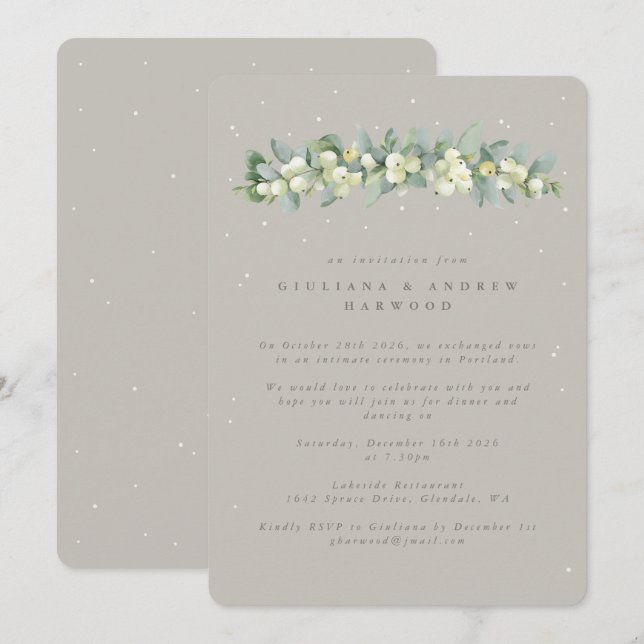 Invitación Recepción de bodas Greige Snowberry+Eucalyptus (Anverso / Reverso)