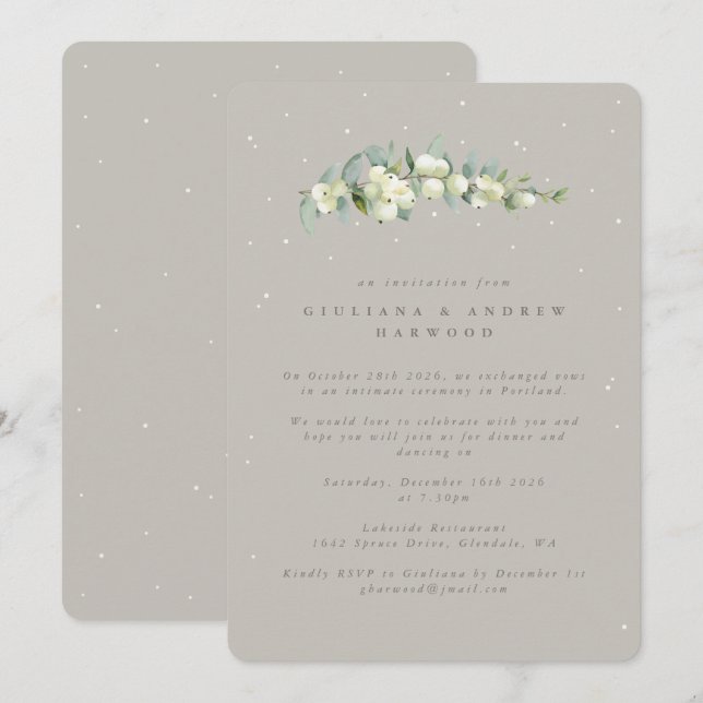 Invitación Recepción de bodas Greige Snowberry+Eucalyptus (Anverso / Reverso)