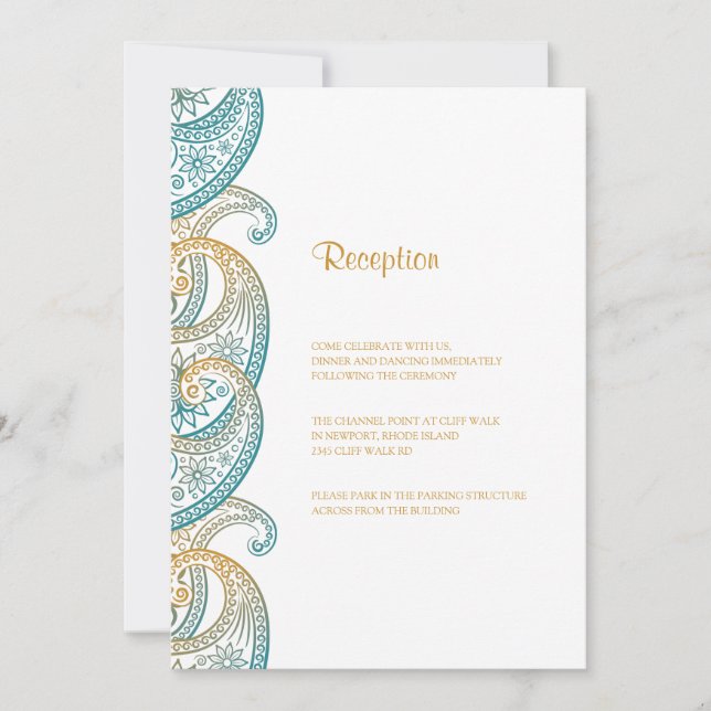 Invitación Recepción de bodas indio paisley verde azulada y d (Anverso)