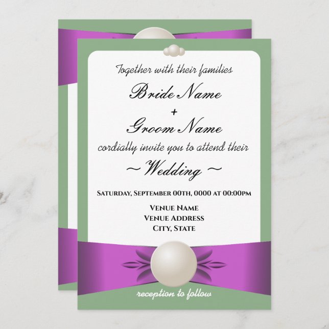 Invitación Recepción de bodas Lilac & Sage Pearl Ribbon (Anverso / Reverso)