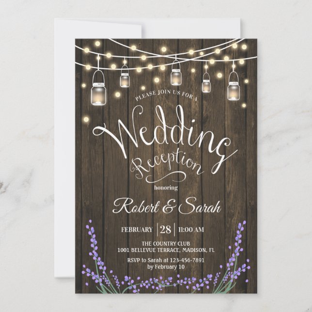 Invitación Recepción de bodas rústicas - Madera, Lavanda y Lu (Anverso)