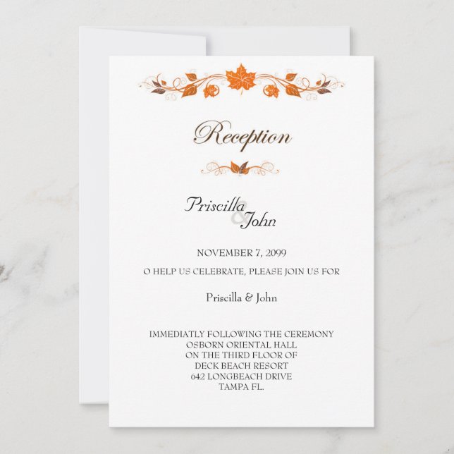 Invitación Recepción de bodas, tema de las hojas de otoño (Anverso)