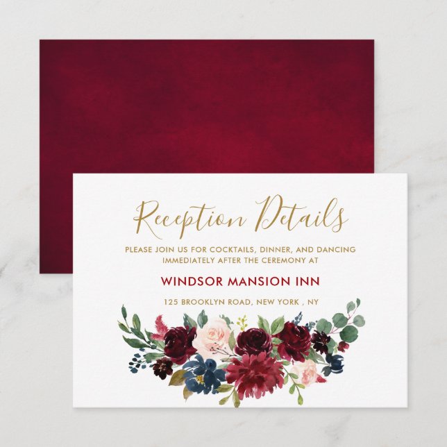 Invitación Recepción de Boho Rústico Floral de la Marina Roja (Anverso / Reverso)