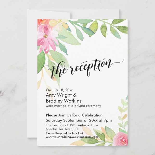 Invitación Recepción de Caligrafía y Flores de Acuarela (Anverso)