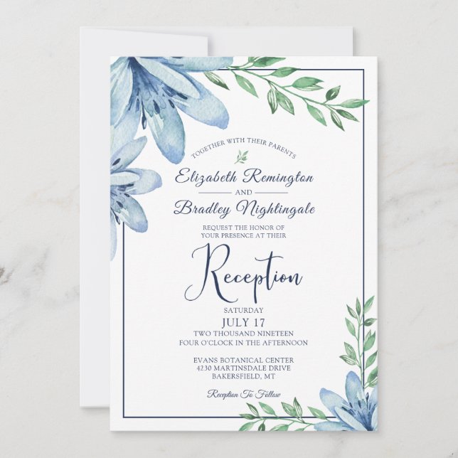 Invitación Recepción de casada azul floral de casamiento (Anverso)