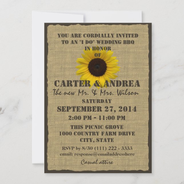Invitación Recepción de casamiento con paro con girasol y bur (Anverso)