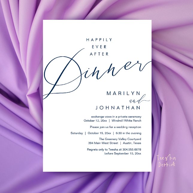 Invitación Recepción de cena de boda moderna feliz para siemp (Modern Wedding Happily Ever After Reception Dinner Invitation Card in Navy Blue)
