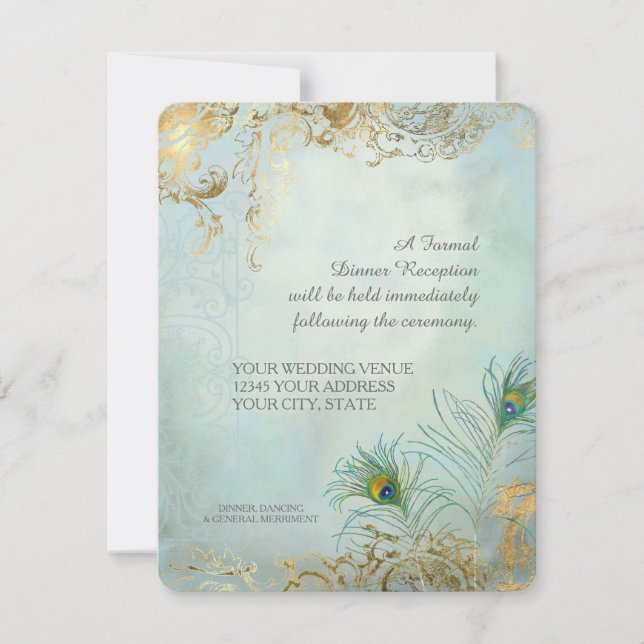 Invitación Recepción de Cena Plumas de Pavo Real Boda Elegant (Anverso)