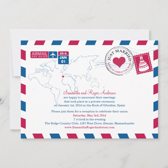 Invitación Recepción de Correo Aéreo de España Post Boda (Anverso)