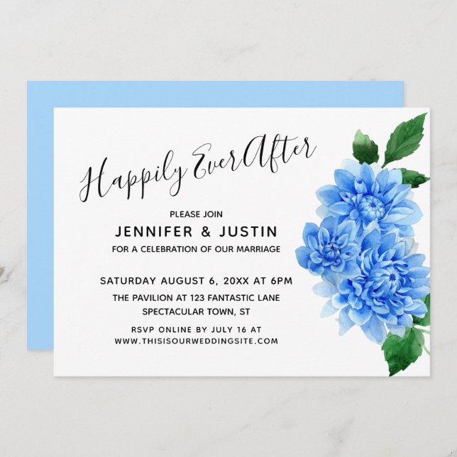 Invitación Recepción de Dahlias Pintadas de Azul Felices para (Anverso / Reverso)