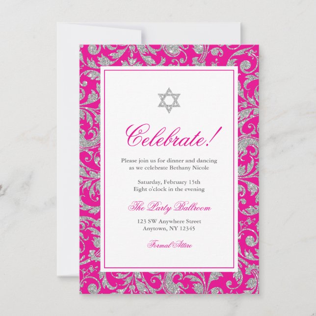 Invitación Recepción de Damasco de Swirl Purpurina Plata Rosa (Anverso)