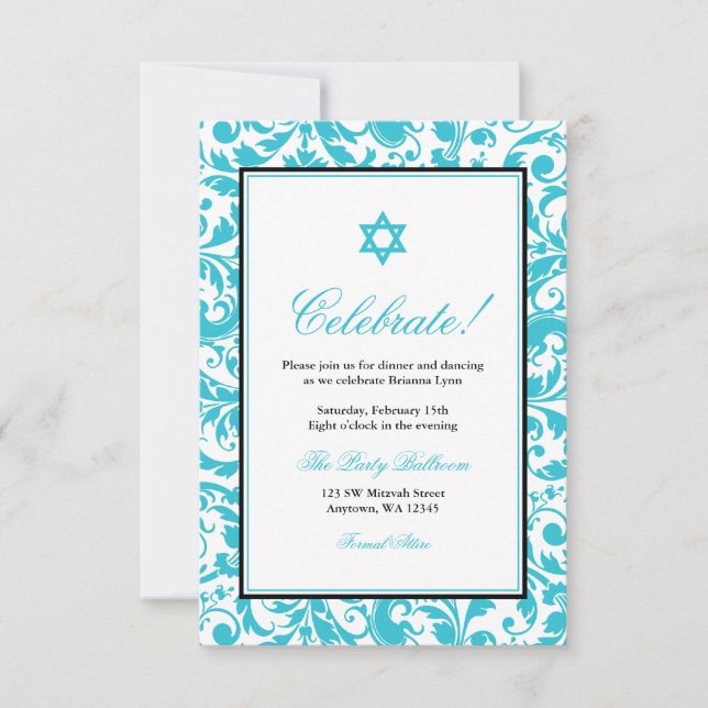 Invitación Recepción de Damask Bat Mitzvah con Swirl Azul ver (Anverso)