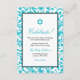 Invitación Recepción de Damask Bat Mitzvah con Swirl Azul ver