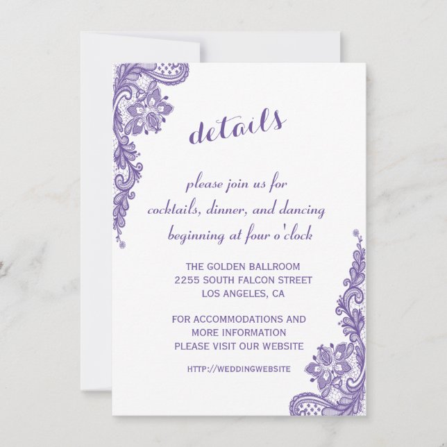 Invitación Recepción de detalles de Boda de encaje ultraviole (Anverso)