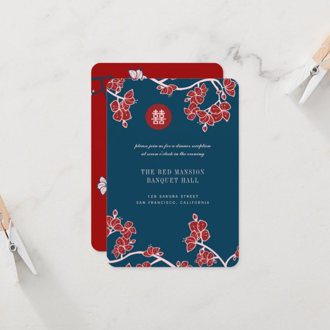 Invitación Recepción de doble felicidad de plumas y plumas ro (Anverso/Reverso In Situ)