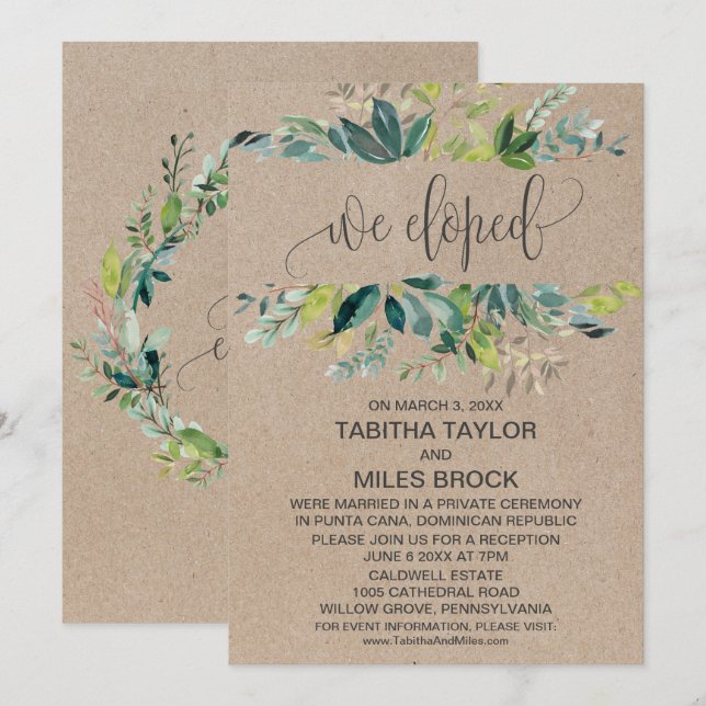 Invitación Recepción de Elopamiento con Follaje Kraft (Anverso / Reverso)