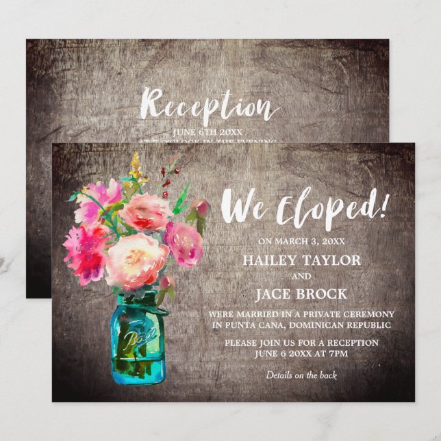 Invitación Recepción de Elopamiento en Tarro de Mason Rústico (Anverso / Reverso)