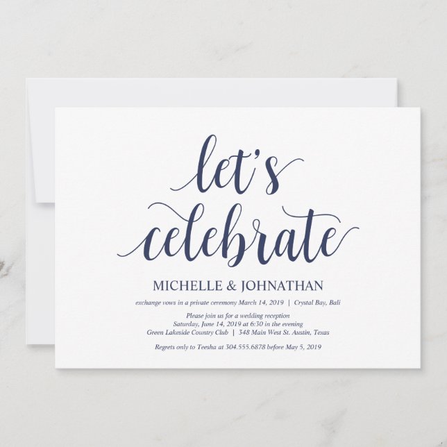 Invitación Recepción de Elopement Azul de la Marina Boda Rúst (Anverso)
