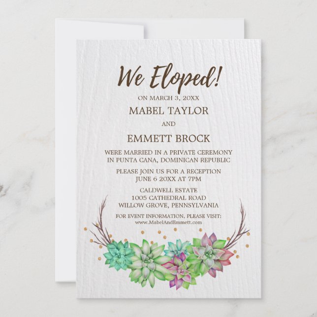 Invitación Recepción de Elopement Boho Rustic Floral Succulen (Anverso)