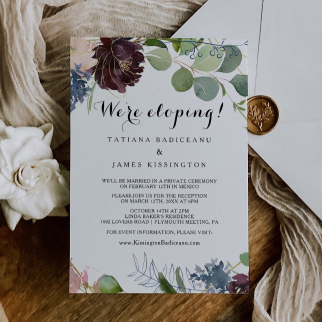 Invitación Recepción de Elopement Borgoña Floral y Verde (Subido por el creador)