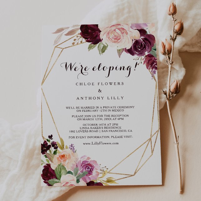 Invitación Recepción de Elopement con Floral Geométrica Gold  (Subido por el creador)