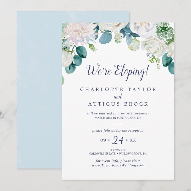 Invitación Recepción de Elopement con Flores Blancas Clásicas (Anverso / Reverso)